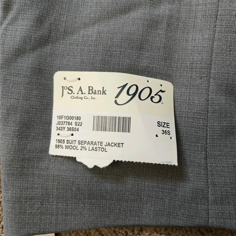 Jos A Bank 1905 Tailored Fit Gray Wool Stretch Suit Jacket Blazer Mens 36S NWT